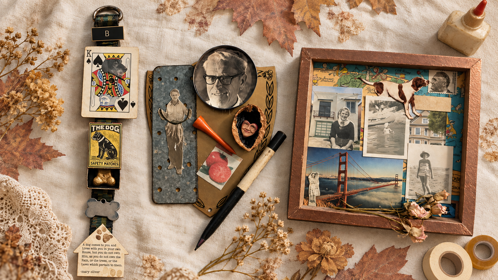 Finished mixed media montage keepsakes made from vintage photographs, matchboxes, a dog collar, dried flowers, and found objects, arranged on a cream cloth among autumn leaves.